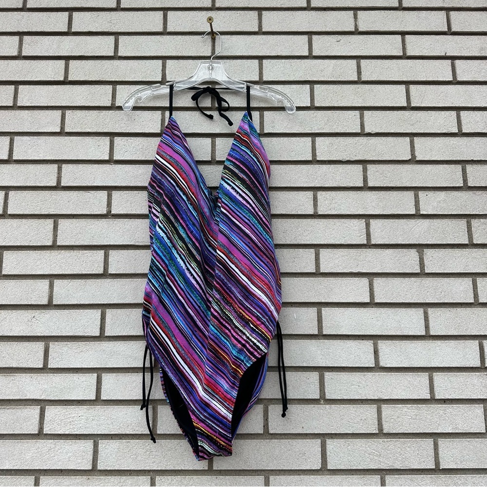 Swimsuits For All Striped Halter One Piece Ruched Sides Size 22 NWT Y2K Resort